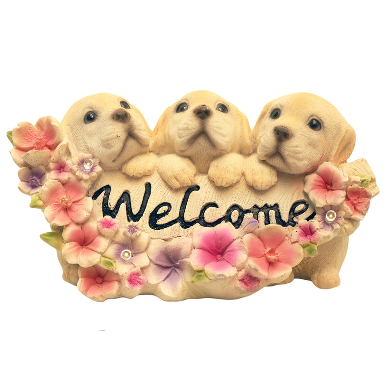 Three Dogs Welcome Sign Solar Light Figurine