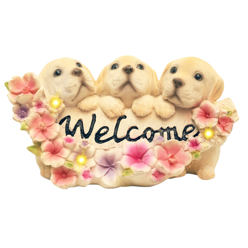 Three Dogs Welcome Sign Solar Light Figurine