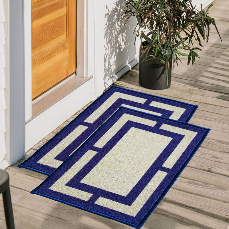 Geometric Rectangle border Anti-Slip Doormat- Blue Beige Set of 2