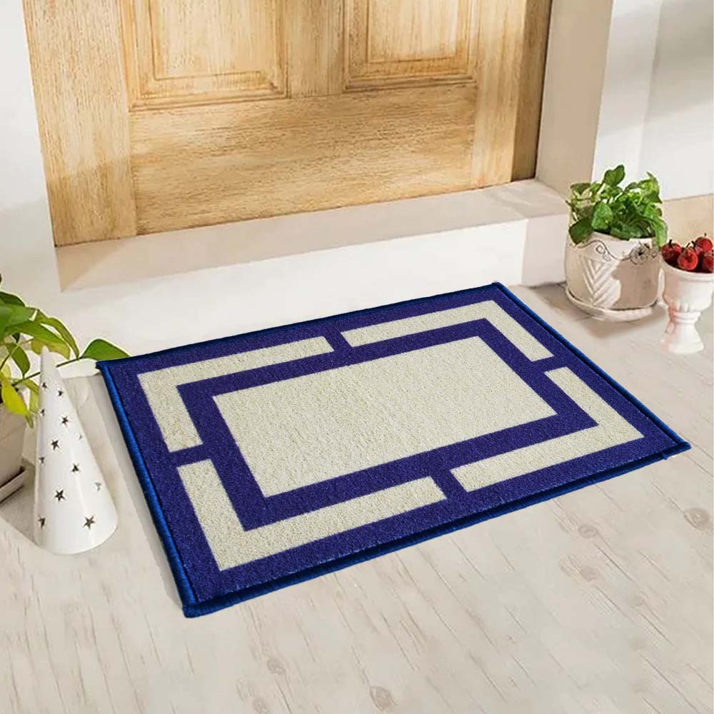 Geometric Rectangle border Anti-Slip Doormat- Blue Beige Set of 2