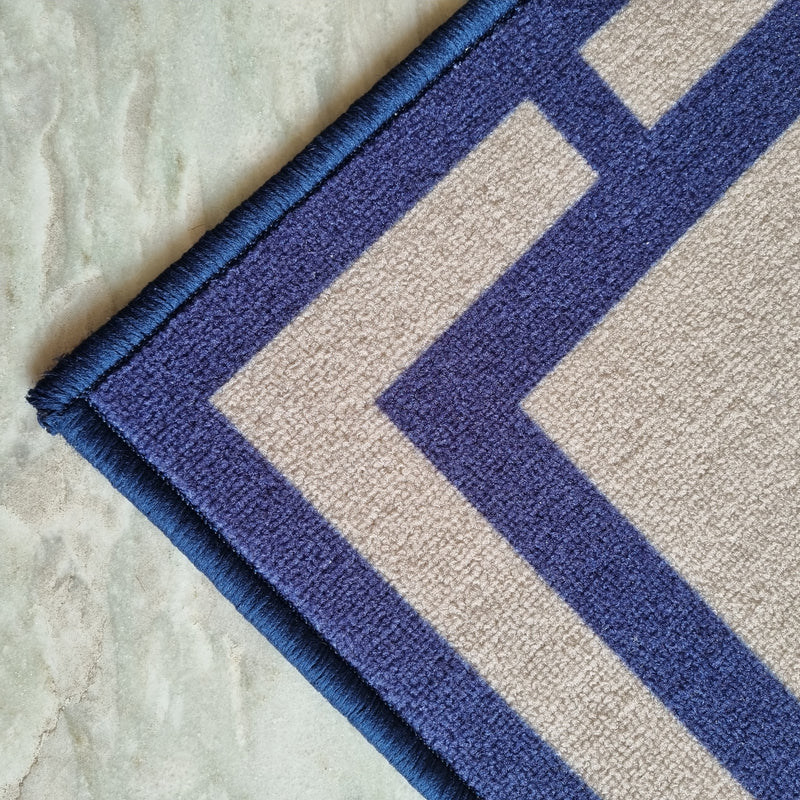 Geometric Rectangle border Anti-Slip Doormat- Blue Beige Set of 2