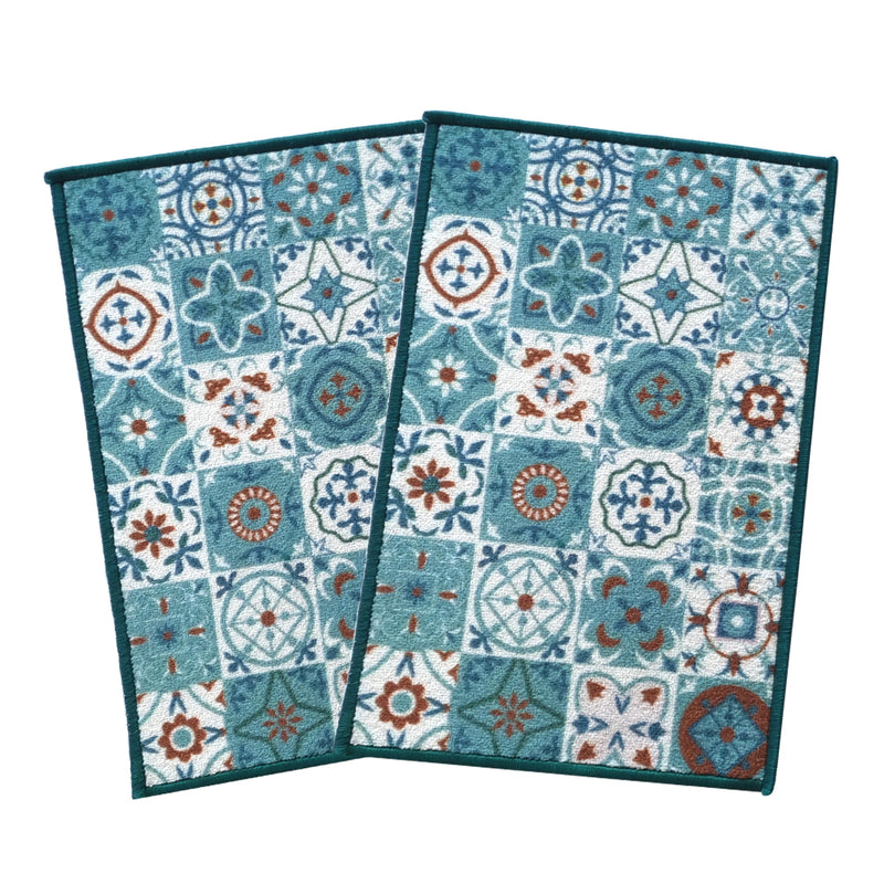 Tiles Anti-Slip Multipurpose Floor Mat Set of 2 - Turquoise Azulejo+D16s