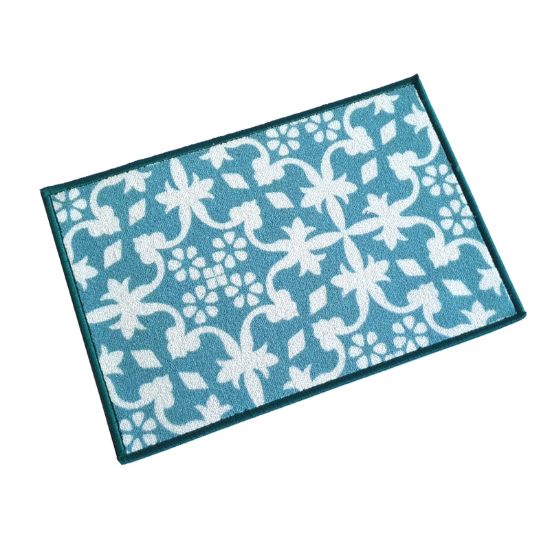 Tiles Anti-Slip Multipurpose Floor Mat Set of 2 - Turquoise Floral