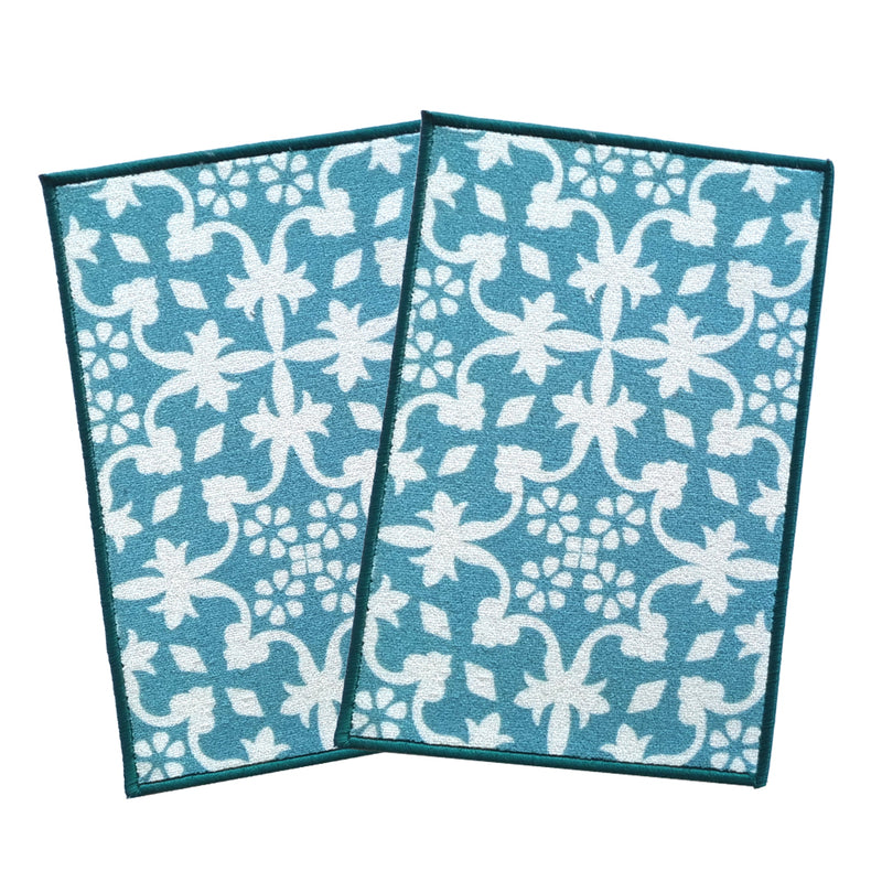 Tiles Anti-Slip Multipurpose Floor Mat Set of 2 - Turquoise Floral