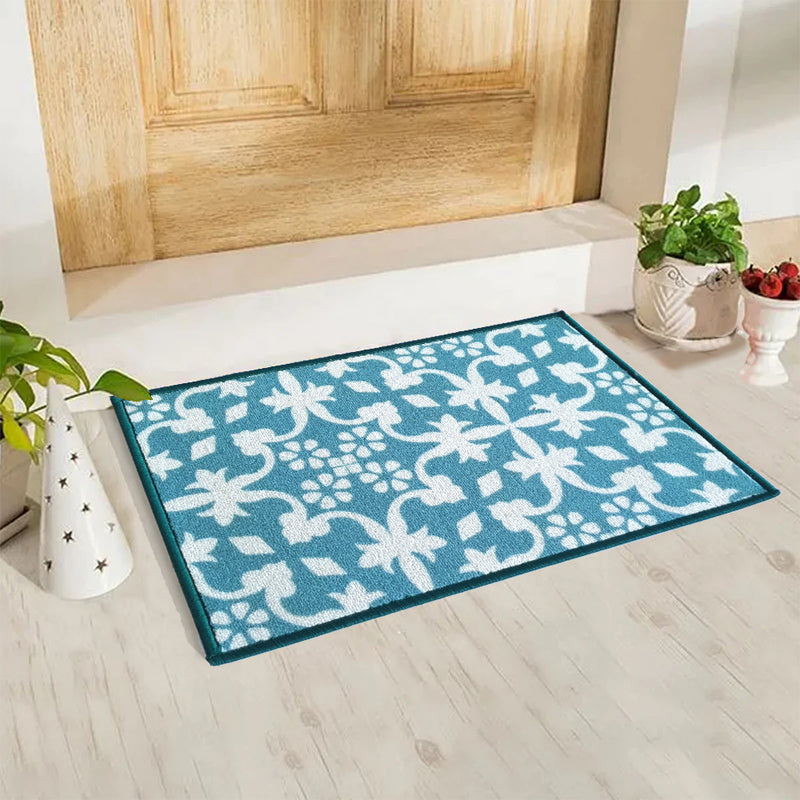 Tiles Anti-Slip Multipurpose Floor Mat Set of 2 - Turquoise Floral