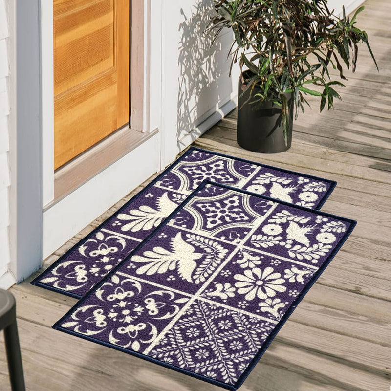 Tiles Anti-Slip Multipurpose Floor Mat Set of 2 - Navy Blue Arabesque