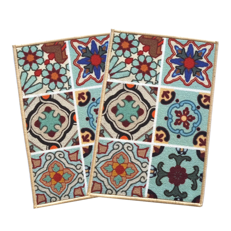 Tiles Anti-Slip Multipurpose Floor Mat Set of 2 - Turquoise Mediterranean