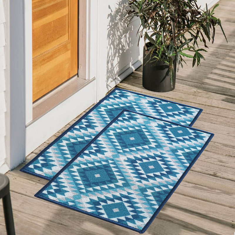 Pattern Anti-Slip Multipurpose Floor Mat Set of 2 - Blue Aztec Diamonds