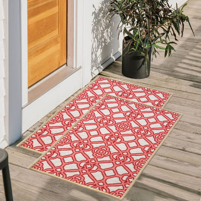 Trellis Anti-Slip Multipurpose Floor Mat Set of 2 - Red Interlace