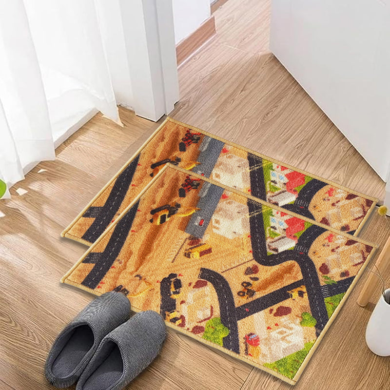 Car Track Anti-Slip Kids Multipurpose Floor Mat Set of 2 - Brown Construction Site