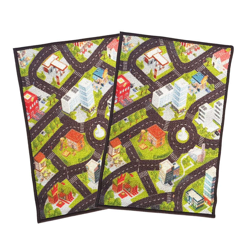 Car Track Anti-Slip Kids Multipurpose Floor Mat Set of 2 - Green City