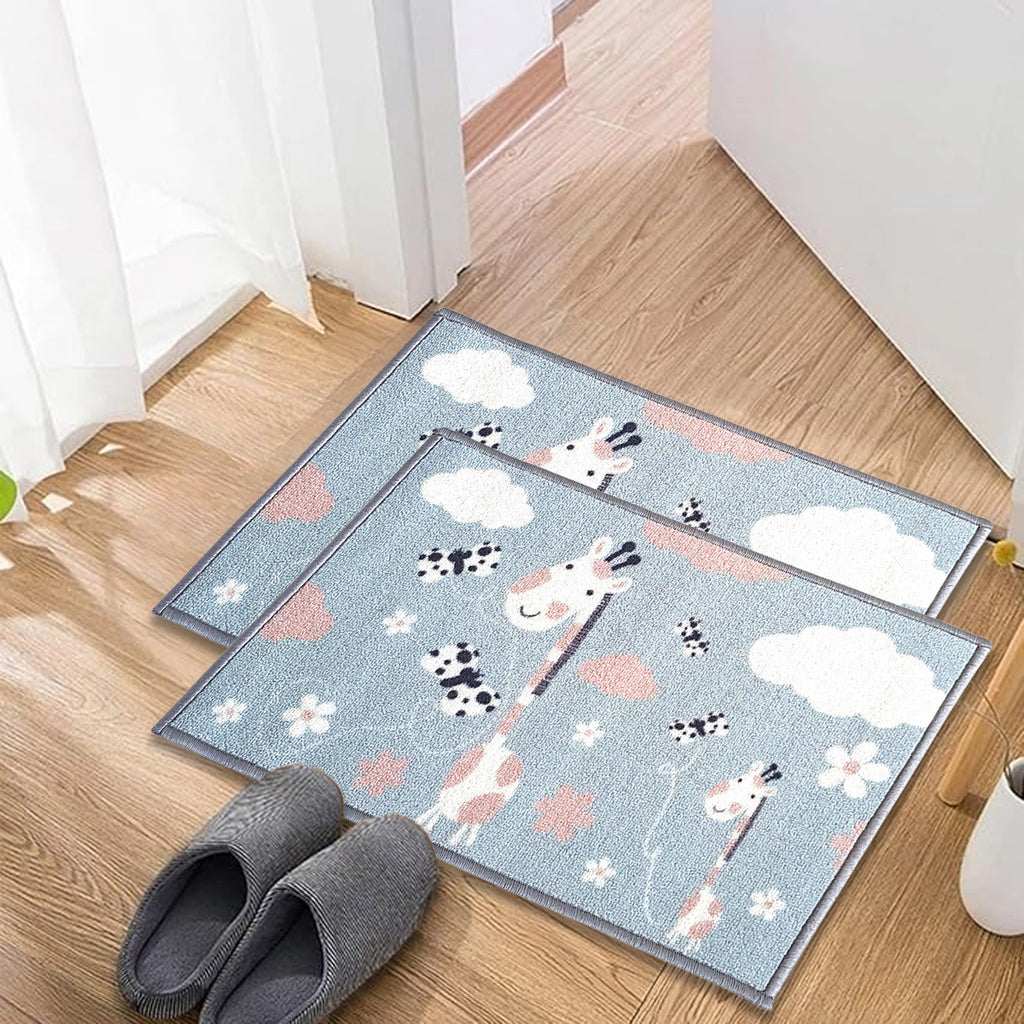 Animals Anti-Slip Kids Multipurpose Floor Mat Set of 2 - Blue Giraffe