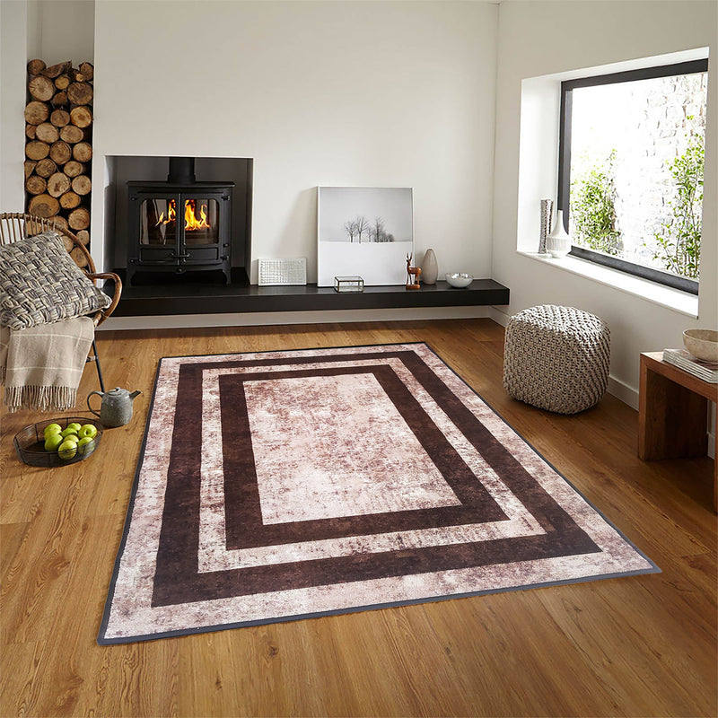 Geometric Anti-Slip Rug -Brown, Distress Border