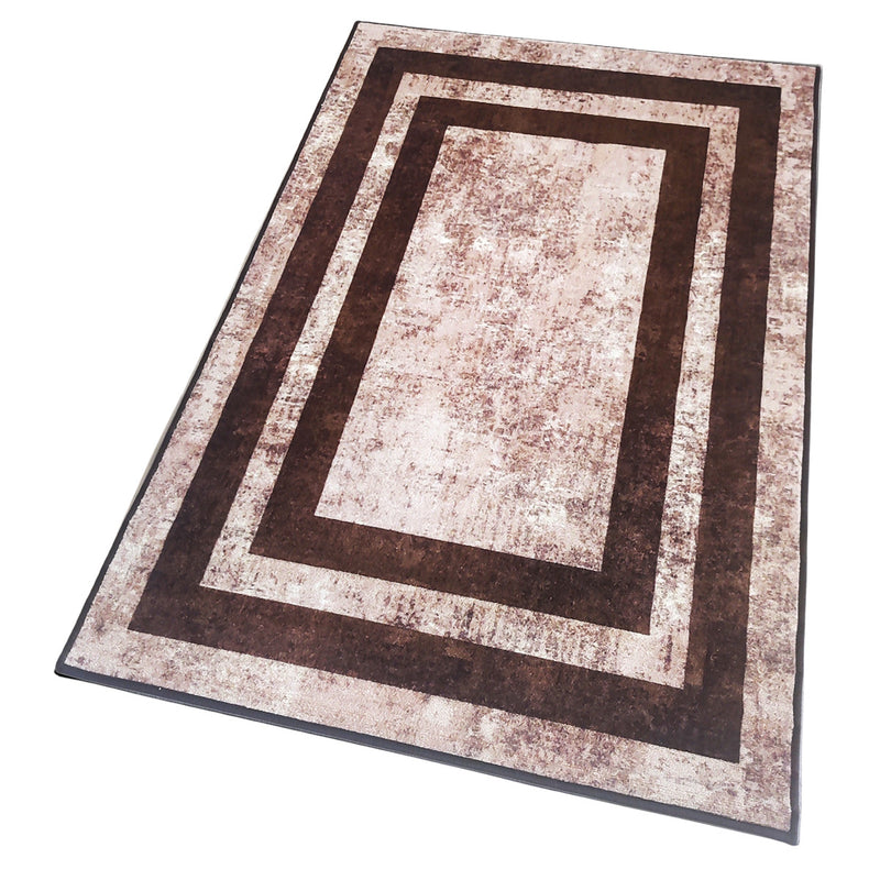 Geometric Anti-Slip Rug -Brown, Distress Border