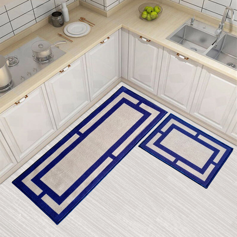 Geometric Rectangle Border Floor Mats - Beige and Navy